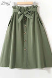 Women Casual Cotton Skirts 2023 Spring Summer Korean Style Solid Elegant High Waist Single-Breasted Bow Lace Up A-Line Midi