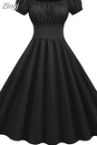 Women Dress Sexy Puff Sleeve Casual Vintage Pin Up Party Dress Solid Elegant Midi