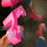 Hairy Word With High-Heeled Sandals Women's One-Character Thick Heel Waterproof Table Fashion