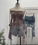 Small-Sized Old-Fashioned Green Shoulder Horn Sleeve Blouse Dye Net Yarn Lace Draw Rope Short T-Shirt