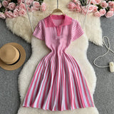 Zingj Niche Retro Color Lapel Short Sleeve Striped Dress Female Waist Show Thin Temperament A-Word Knit