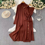 Temperament Long Knitted Shawl Coat + Light Luxury Metal Buckle Vest Dress