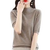 Zingj And Summer Loose And Versatile Wool Knit Short Sleeve Women Plus-Size Round-Neck Solid Color Bottom Knit T-Shirt Thin-Outfit