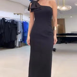 Zingj Summer New Light Ripe Wind Pure Color Three-Dimensional Bow Knot Temperament Slit Dress-Outfit
