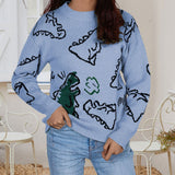 Autumn And Winter Sweater Women's Loose Long-Sleeved Round-Neck Cartoon Dinosaur Knitted