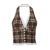 Zingj Women's Summer 2024 New Fashion Sexy French Sweet Vintage Plaid Neck Hanging Vest