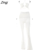 Casual Backless Two Pieces Sets Women Sexy Halter Hollow Out Top Long Flare Pant Suit Party Outfits Strapless