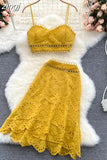 Bohemian Hollow Out 2pcs Set Women Sexy V-Neck Spaghetti Strap Short Tops + High Waist Ruffle Mini Skirt Female Suit