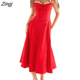 Women Summer Solid Color Long Dress Sleeveless Bandage Party A-line Dress for Cocktail Nightclub