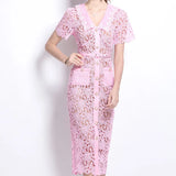 Scented Dress Woman Summer Famous Doll Collar Short Sleeve Nail Bead Single Buckle Repair Slim Thin Lace Hook
