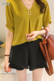 Summer Tops Blouse Women Solid V-neck Short Sleeve Chiffon Blouse Women Elegant Korean Loose Slim New Ladies Tops