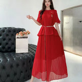 Wear Women's Summer Dress High-Sense Three-Dimensional Flowers Strap To The Waist Short Sleeve Pressure Folding Blouse High Waist Half-Body Skirt
