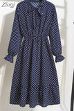 Women Dress Spring Autumn Long Sleeve Floral Print Bow Collar Chiffon Dress Elegant A-line Midi Winter Dress Vestidos Robe