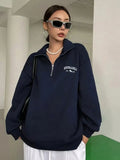 Women's Casual Half-Zip Embroidery Loose Long-Sleeved