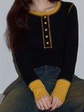 Design Sense Black Collar Splicing Woman 2025 Autumn High-End Temperament Waist Repair Knitted Long-Sleeved