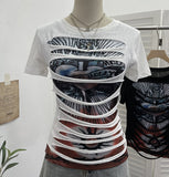 Rock Gothic 2025 Summer Dress Hole Design Feel Short-Sleeved Printed T-Shirt