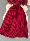 Women Hollow Out Lace Patchwork Pleated Long Dress Elegant Embroidery Short Puff Sleeve Single Breasted Maxi Vestidos