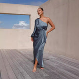 Zingj Years Sexy Inclined Shoulder Closed Waist Lace Satin Lantern Sleeve Dress Women's