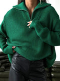 Women's Zipper Sweater Oversize Warm Green Pullovers Long Sleeve Solid Polo Jumper Casual Thick Knitted Sweaters for