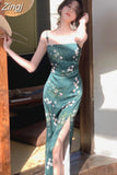 Women Slash Neck Sexy Strapless Retro Green Printing Elegant Temperament Fitting Suspender Slit Bodycon Long Midi Dress