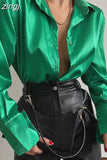 Women's Shirt Polo Collar Office Lady blouse Vintage Blue Green Silk Shirt Loose Button Up Down Shirts Black Fashion