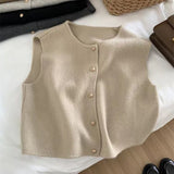 Line Single Row Small Gold Button Round Collar Knitted Vest Cardigan Woman Sleeveless Shoulder Vest
