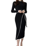 Autumn And Winter Korean Version Of The Temperament Half-High Collar Body Long Collar Wearing Waist Knitted Sweater Dress Dress