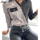 Women Spring Casual Letter Print Long Sleeve Buttoned Up Shirt Autumn Elegant Workwear Turn-down Collar Blouse