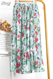 Women 2023 High Waist Floral Print Mid Calf Long Pleated Skirt Girls Summer Vintage Elegant Chiffon Midi