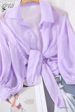 2023 Summer Half Sleeve Buttoned Up Shirt Loose Casual Blouse Chiffon Shirts Women Tied Waist Elegant Blouses for