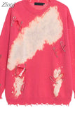 Women Tie Dye Gradient Print Crew Neck Loose Ripped Hole T-shirt Tops 2023 Autumn Korean Pattern Pullover Tee Tops