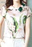Women Blouse 2023 Summer Floral Women Top Bow Elegant Blouses Satin Ladies Tops Fashion Women Clothing Basic Short Sleeve