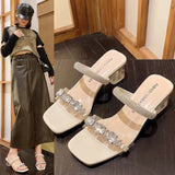 Zingj Word Rhinestone Transparent Cool Slippers Female Summer Outside Wear 2024 New Temperament Fairy High Heels Square Head Thick Heel Sandals-Outfit