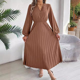 Shooting 2025 Autumn And Winter Elegant Triple V-Neck Long Sleeves To Close The Waist 100-Folded Long Skirt Women's