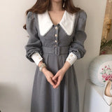 Lace Plaid Chic Puff Sleeve Woman Dresses Women Korean Temperament Office Lady Lapel Robe Slim Waist Long Sleeve