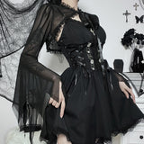 Vertical Collar Lace Splicing Strap Burnt Cuff Blouse Dark Wind Short Style Perspective Blouse