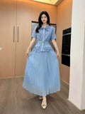 French-Style Suit Women's Fashion Collar Short-Sleeved Waist Top + High-Waisted 100-Folded Skirt Two-Set