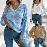 Autumn And Winter New College Style V-Necked Lantern Long-Sleeved Sweater Women's