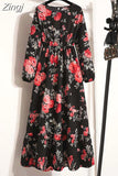 Floral Print Women Dress Spring Summer Casual O Neck Long Sleeve Chiffon A Line Long Maxi Dress Party