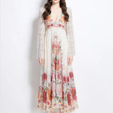 Holiday Style Dress Women's Spring Court Deep V-Neck Lace Horn Sleeve Single Buckle Print