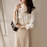 Spring Long-Sleeved Shirt Elegant Temperament Loose Wooden Ear Collar Loose French Silk Silk Top