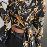 Women's Shirt Casual Autumn Spring Fashion Elegant Scarf Chain Print Tie Front Wrap Top Femme V Neck Blouse Baroque