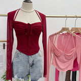 Sexy Hot Tie Tie With Hanging Neck Long-Sleeved Mesh T-Shirt Repair Short Open Fork Cuff Top