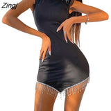 Women Summer Sexy Sundress Contrast Color Rhinestones Round Neck Sleeveless Mini Dress for Women White/Red/Black