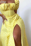 Women Floral Print Long Dress Summer Chic Short Sleeve Square Collar Split A Line Party Sundress Ladies Holiday Beach