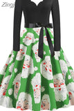 Women Winter Long Sleeve Vintage Christmas Dress Black Red Print V Neck Sexy Xmas Party Dress Robe 3XL Elegant