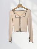 Zingj New Bright Line Design Sense Half Open Collar Long Sleeved T Shirt Female Chic Niche Slit Lapel Hot Girl