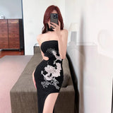 Cheongsam-Style Collared Dress Dragon-Patrowed Collar Party Print Open Fork Long Dress