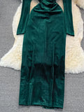 Winter Green/Black Velvet Long Dress Women Sexy V-Neck High Waist Bodycon Party Vestido Female Slim Maxi Robe New