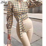 Sexy Backless Turtleneck Plaid Printed Women Shirts Long Sleeve Elegant Lace up Blouse Female Fashion Summer